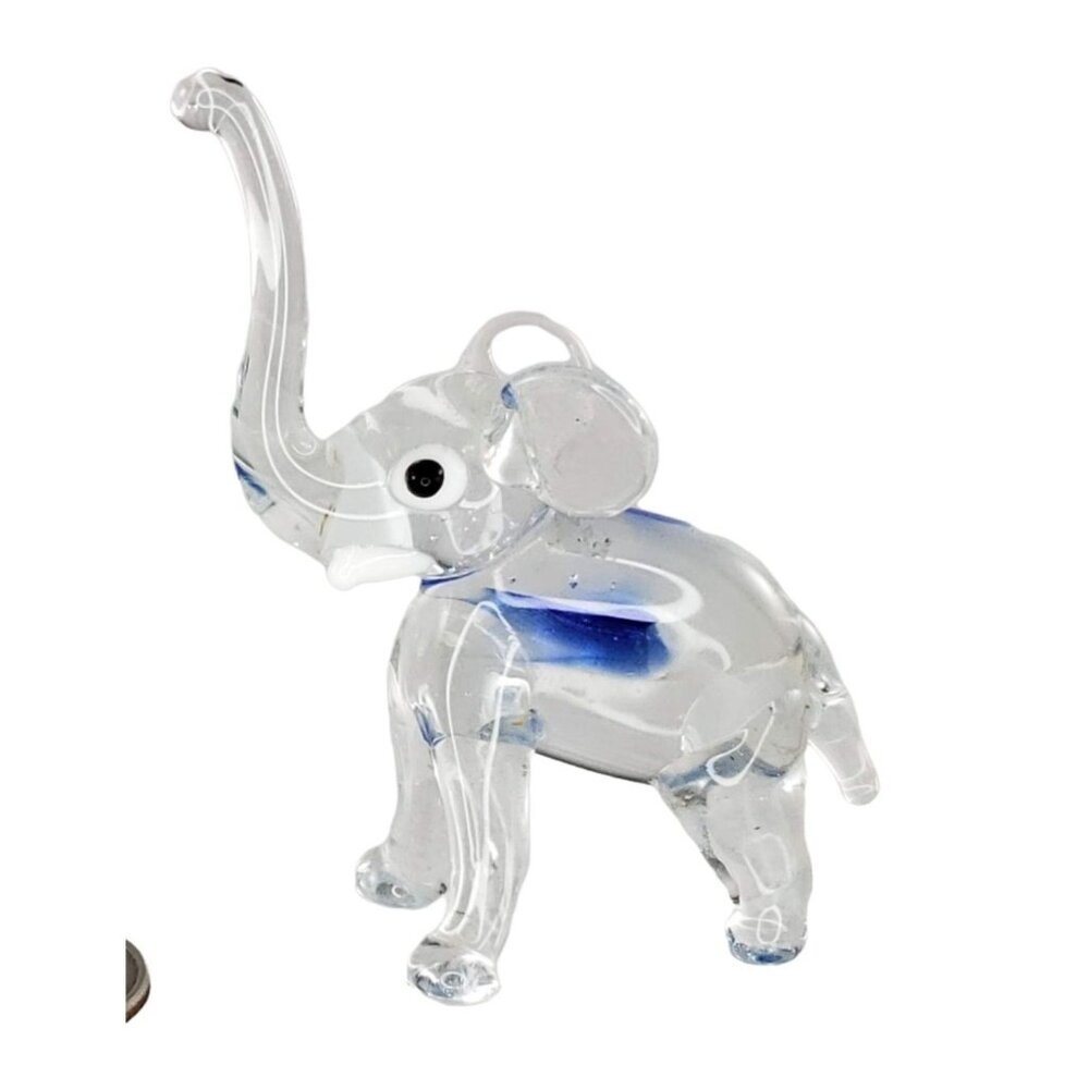 Handcrafted Glass Elephant Figurine 2.75" Clear With Blue Accents Trunk Up Lucky